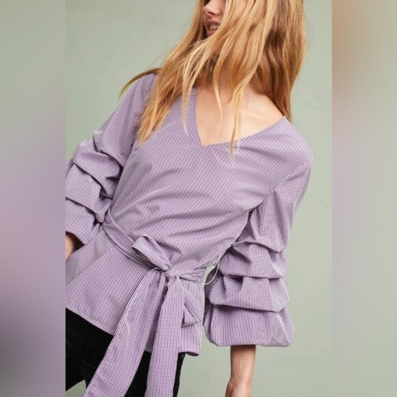 Anthropologie Sunday in Brooklyn Micro Gingham Balloon Sleeve Blouse - Picture 1 of 11